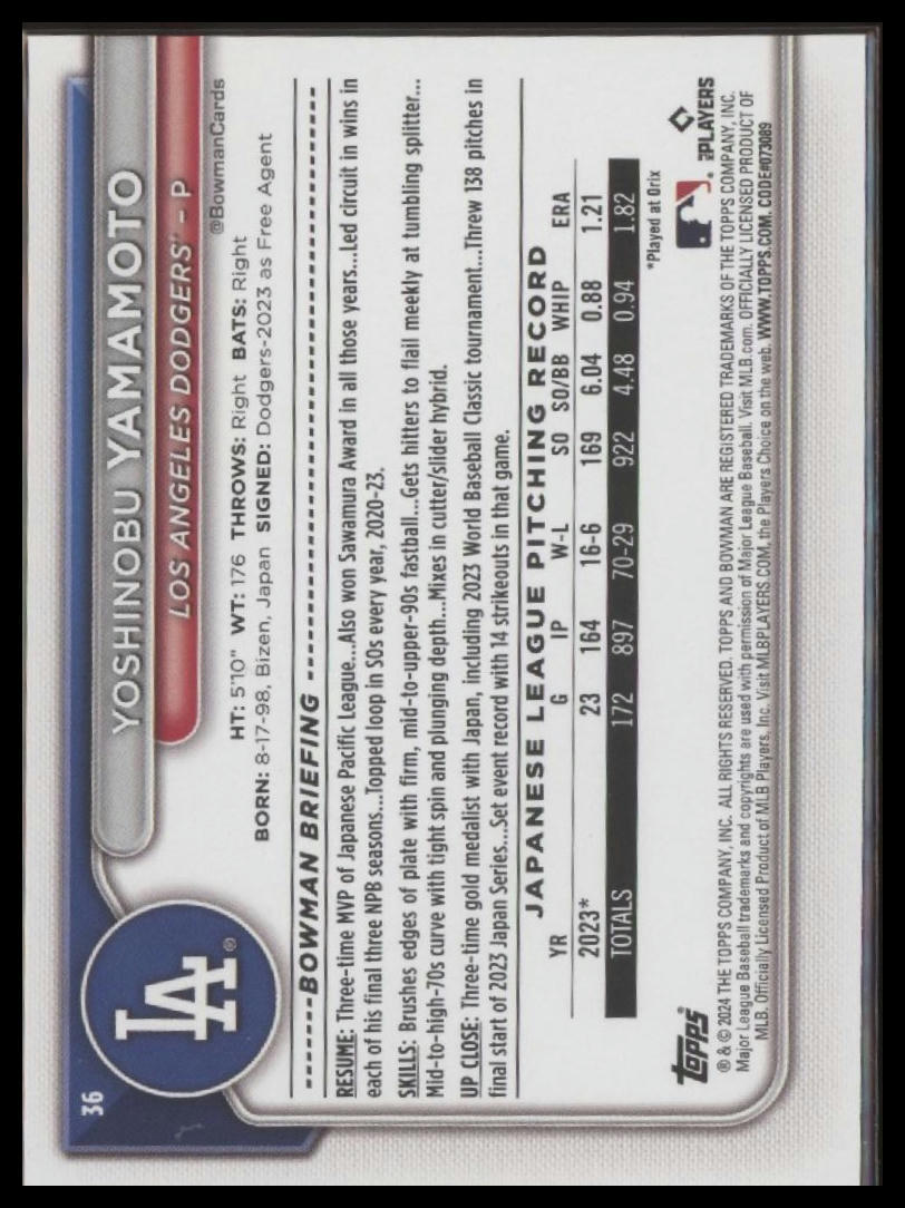 2024 Bowman #36 Yoshinobu Yamamoto