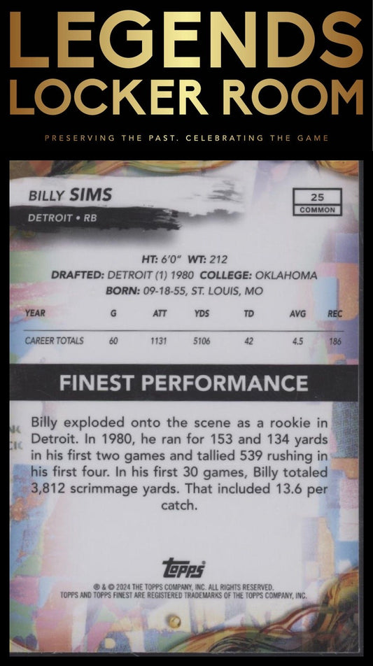 2024 Finest #25 Billy Sims Blue Checkerboard Refractor #/99