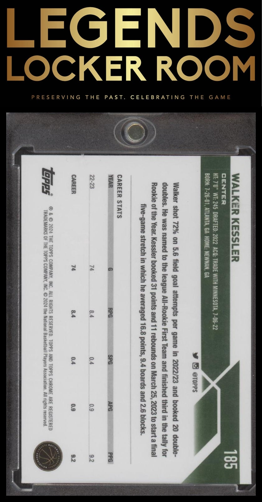 2023-24 Topps Chrome #185 Walker Kessler Blue Lava Refractors #/149