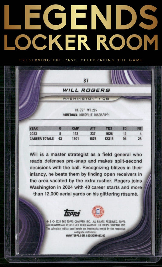 2024 Bowman University Best #87 Will Rogers Blue Refractor #/149