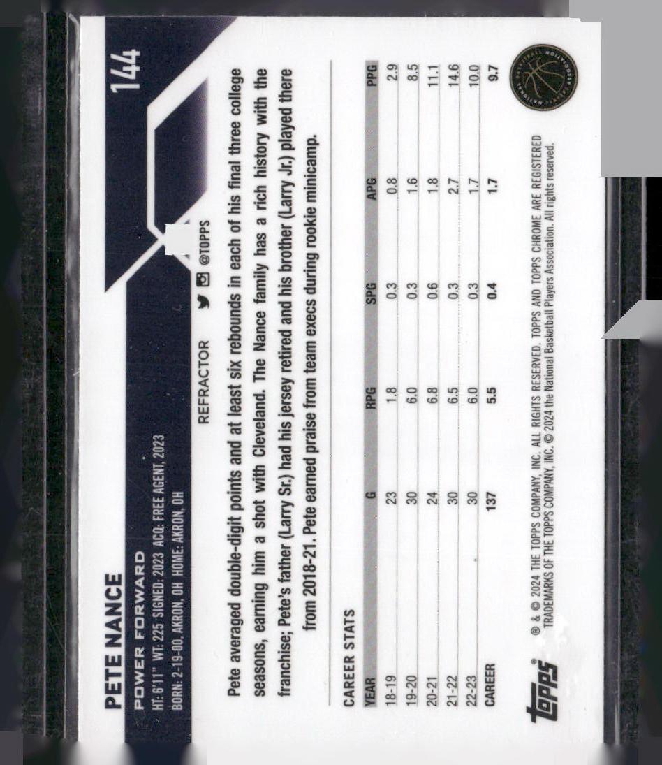 2023-24 Topps Chrome #144 Pete Nance Refractors