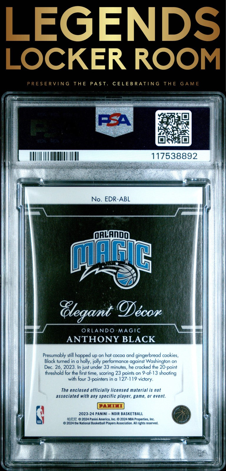 2023 Panini Noir Elegant Decor Rookie Jersey #EDRABL Anthony Black PSA 8