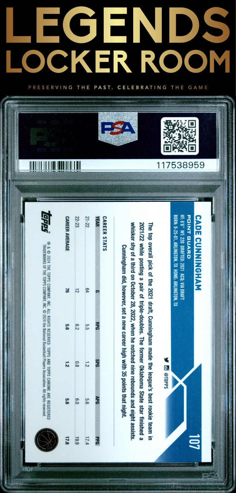 2023 Topps Chrome Sapphire Edition #107 Cade Cunningham Gold PSA 10