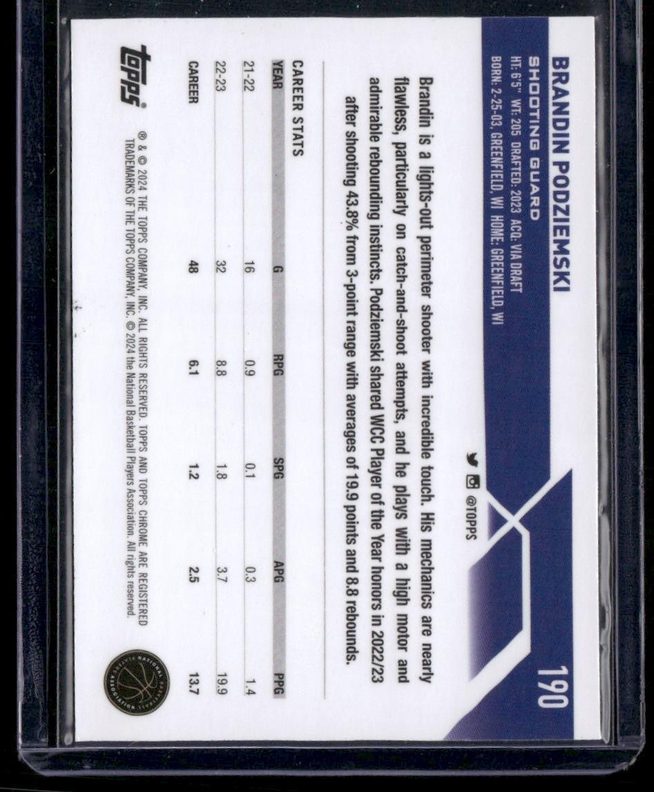 2023-24 Topps Chrome #190 Brandin Podziemski