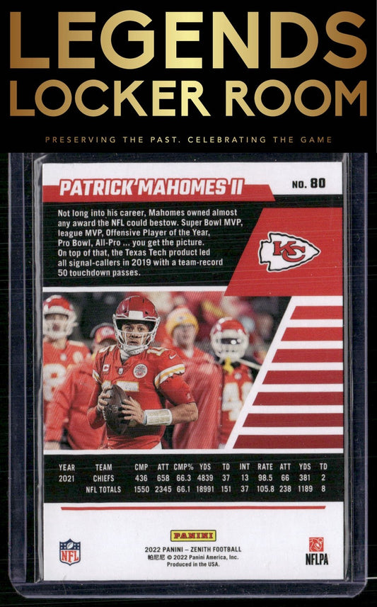 2022 Zenith #80 Patrick Mahomes II Red Zone