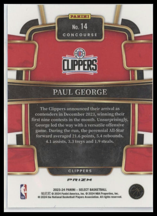 2023-24 Panini Select #14 Paul George Blue Prizms