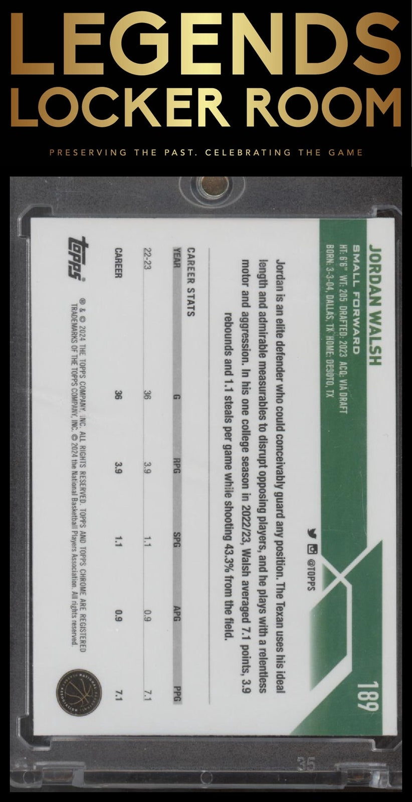 2023-24 Topps Chrome #189 Jordan Walsh Aqua Refractors #/199