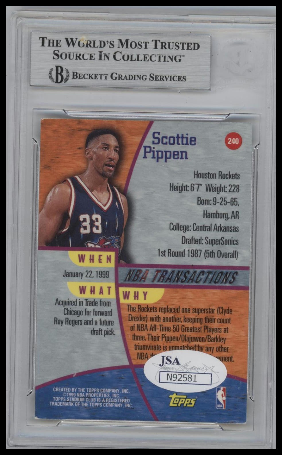 1998-99 Stadium Club #240 Scottie Pippen TRAN Auto BGS Authentic