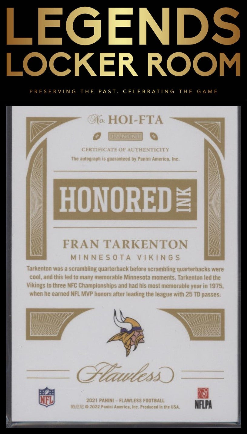 2021 Panini Flawless #HOI-FTA Fran Tarkenton Honored Ink Silver #/15