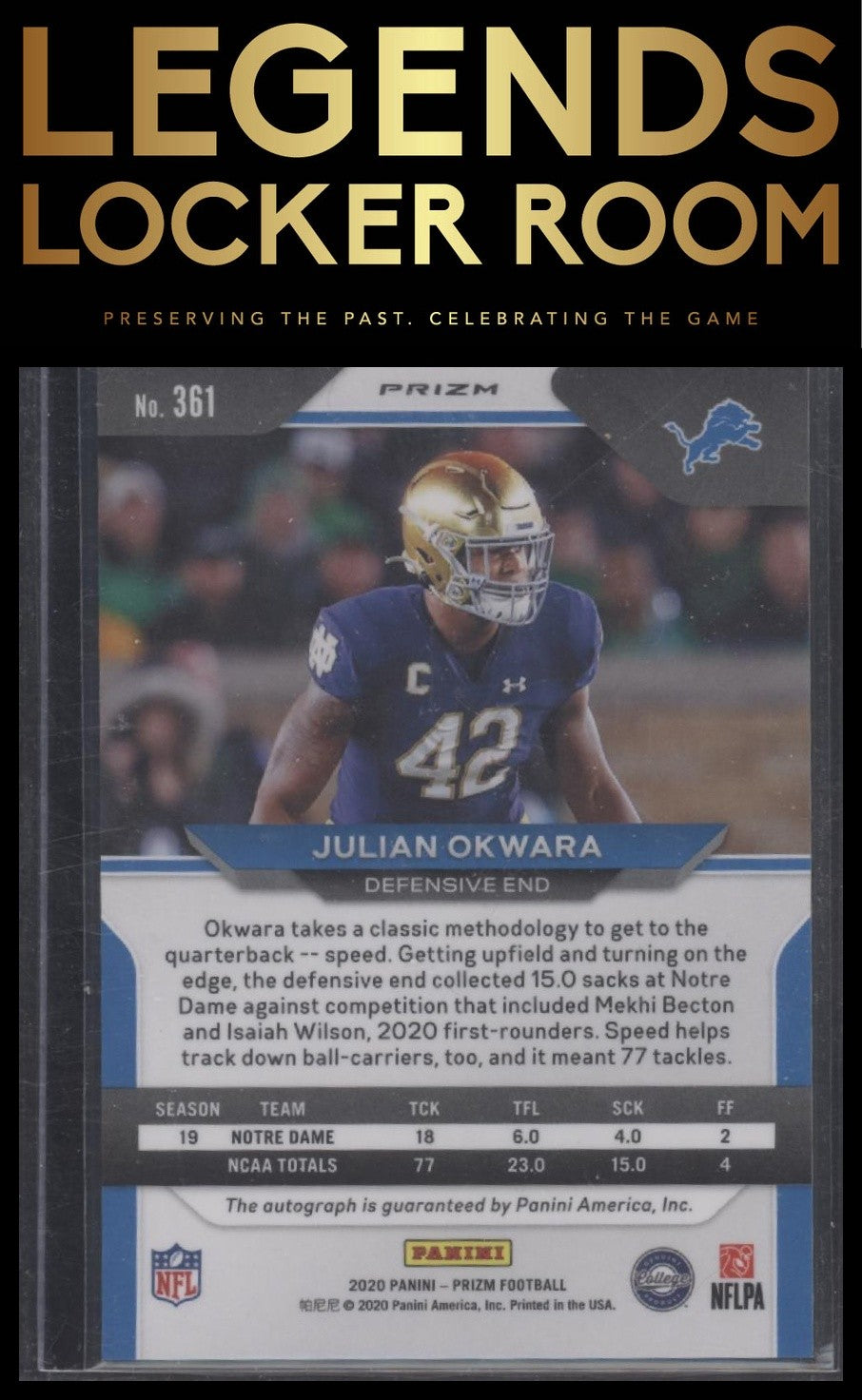 2020 Panini Prizm #361 Julian Okwara Rookie Autographs Prizm Neon Green Pulsar