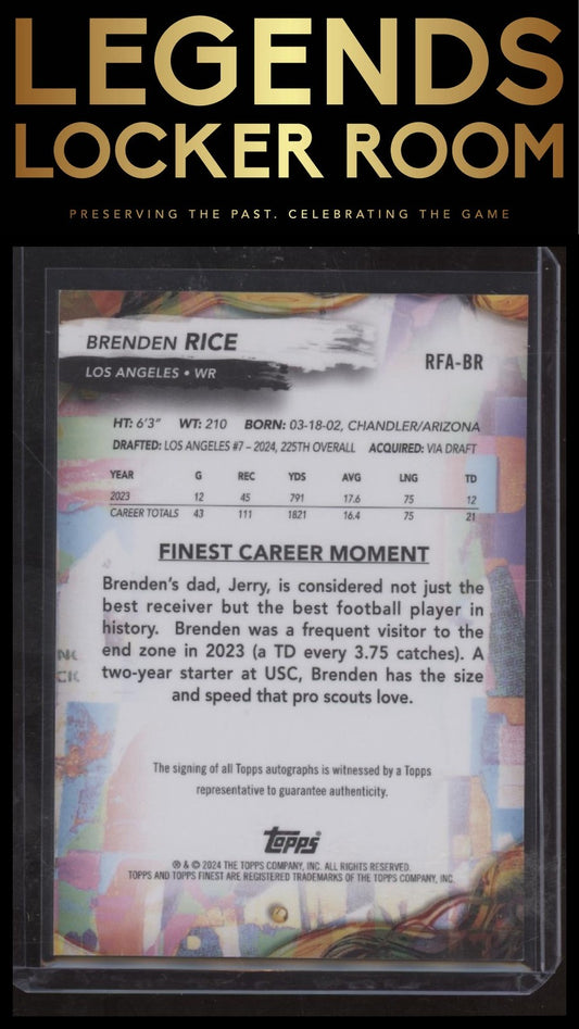 2024 Finest Brenden Rice Rookie Finest Auto Blue Checkerboard Refractor /99