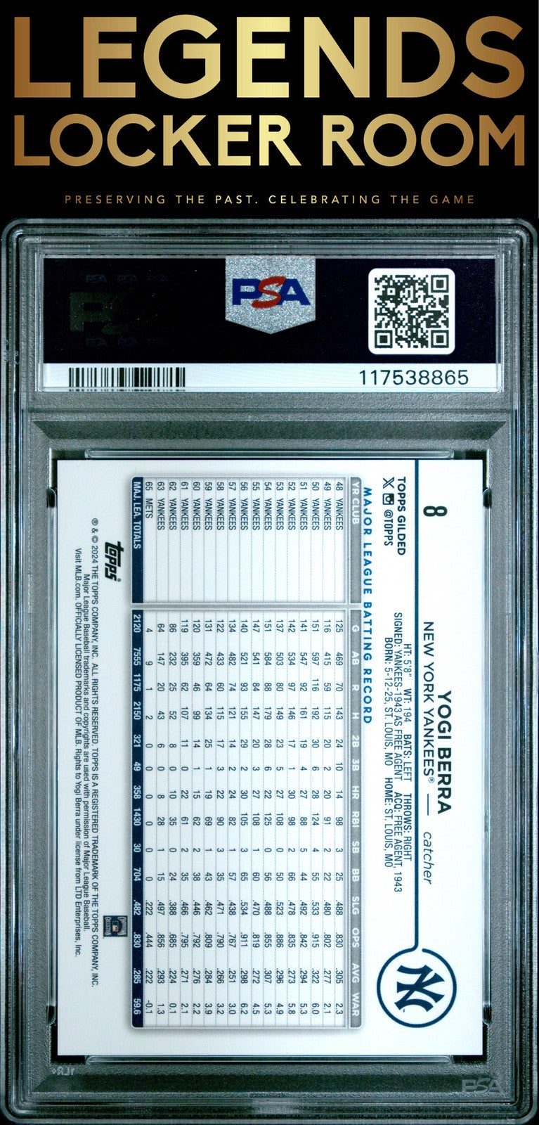 2024 Topps Gilded Collection Yogi Berra Electroplate Refractor 2/5 PSA 10