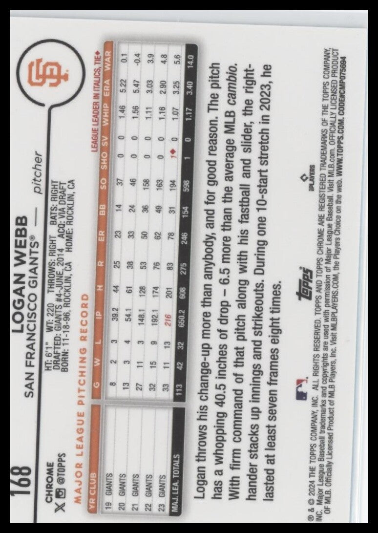 2024 Topps Chrome #168 Logan Webb