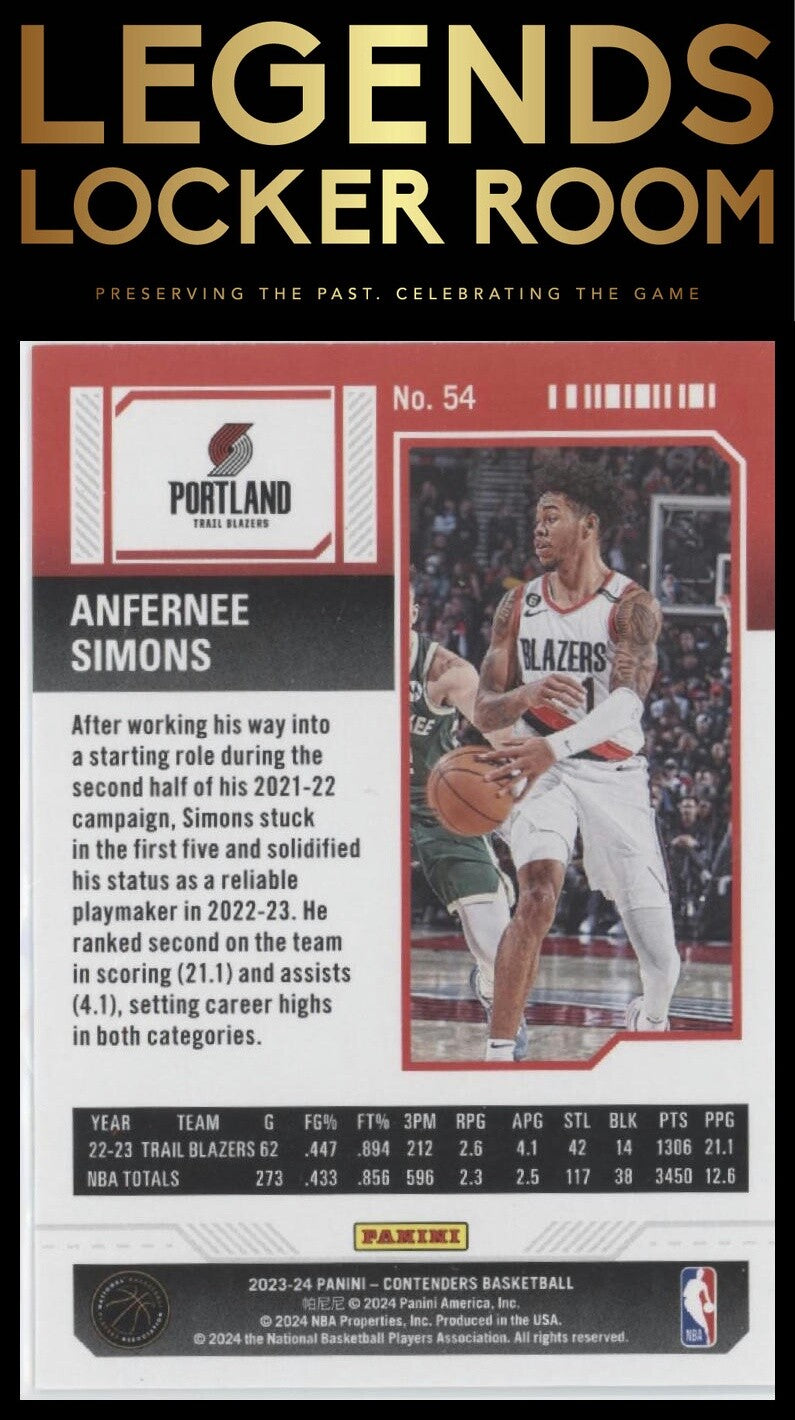 2023-24 Panini Contenders #54 Anfernee Simons Season Ticket Retail
