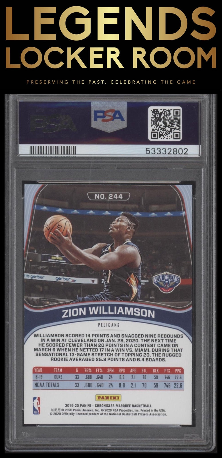 2019 Panini Chronicles #244 Zion Williamson PSA 10