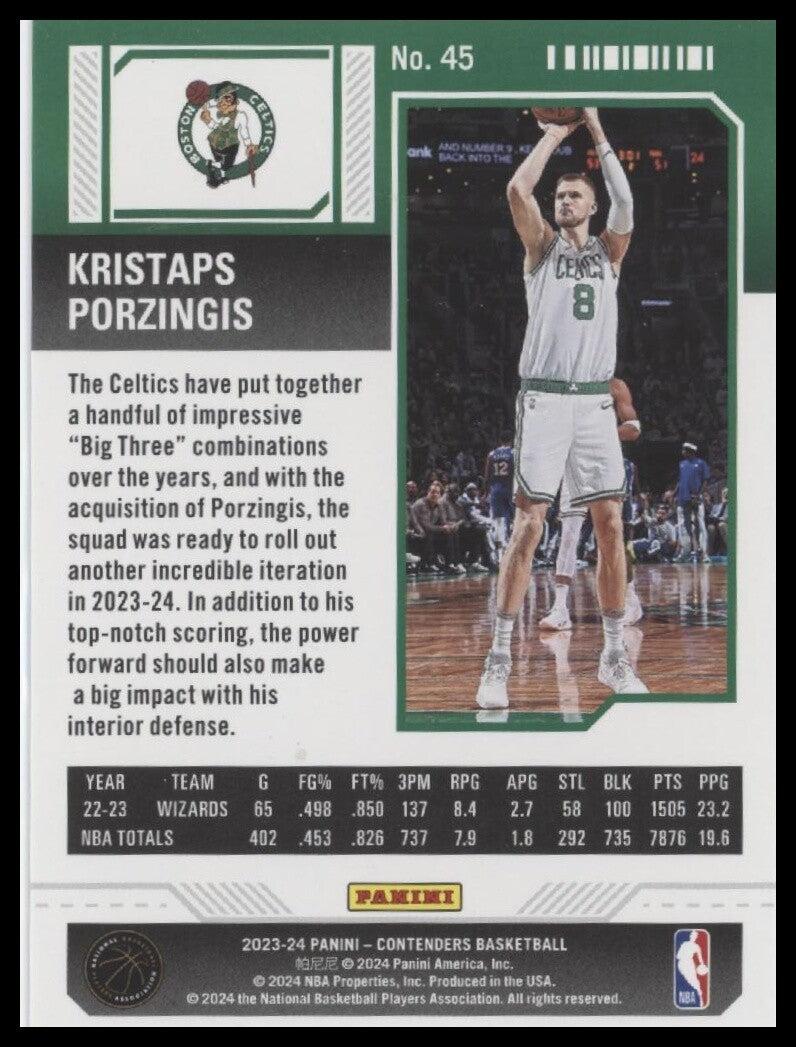 2023-24 Panini Contenders #45 Kristaps Porzingis Season Ticket Premium Edition