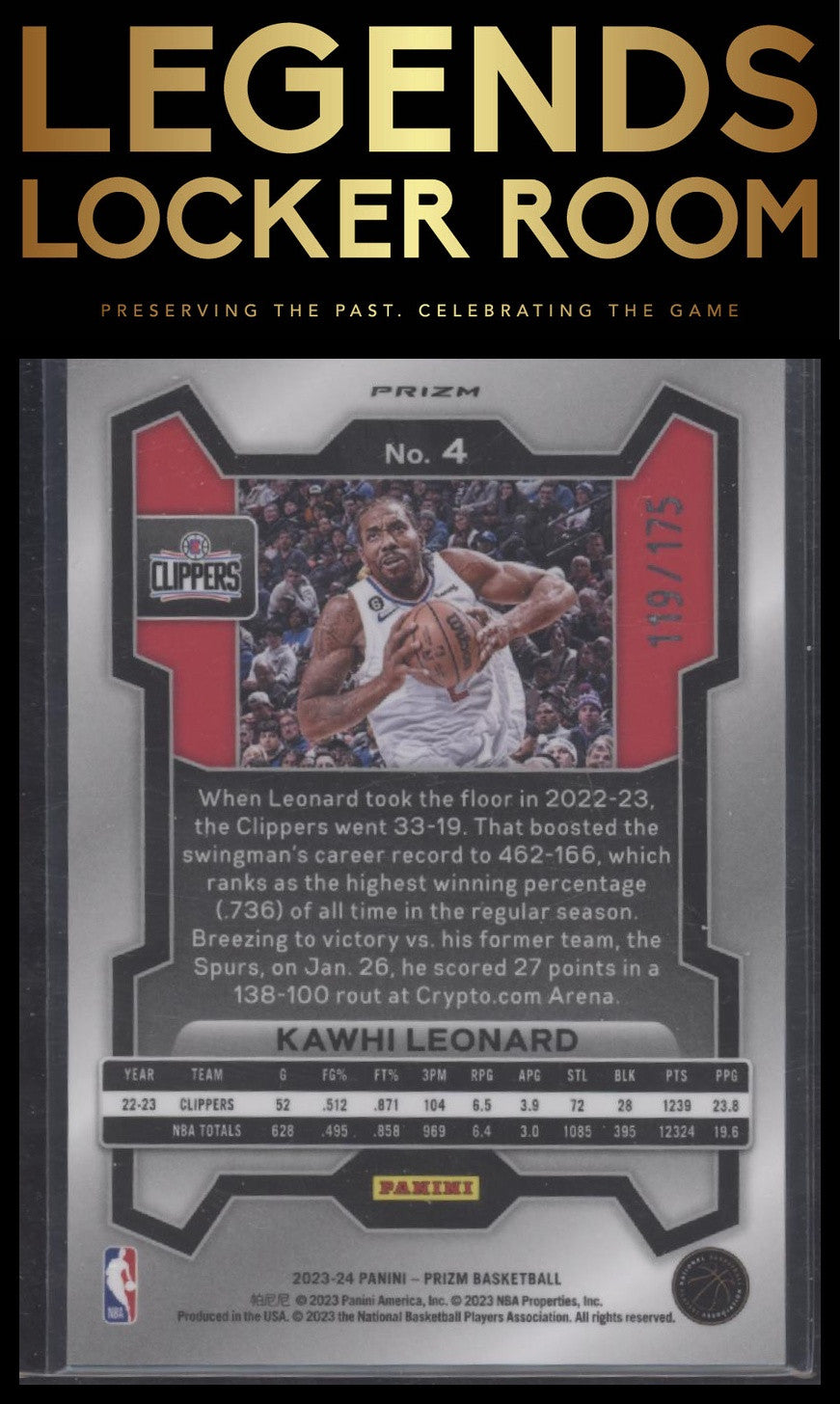 2023-24 Panini Prizm #4 Kawhi Leonard Prizms White #/175
