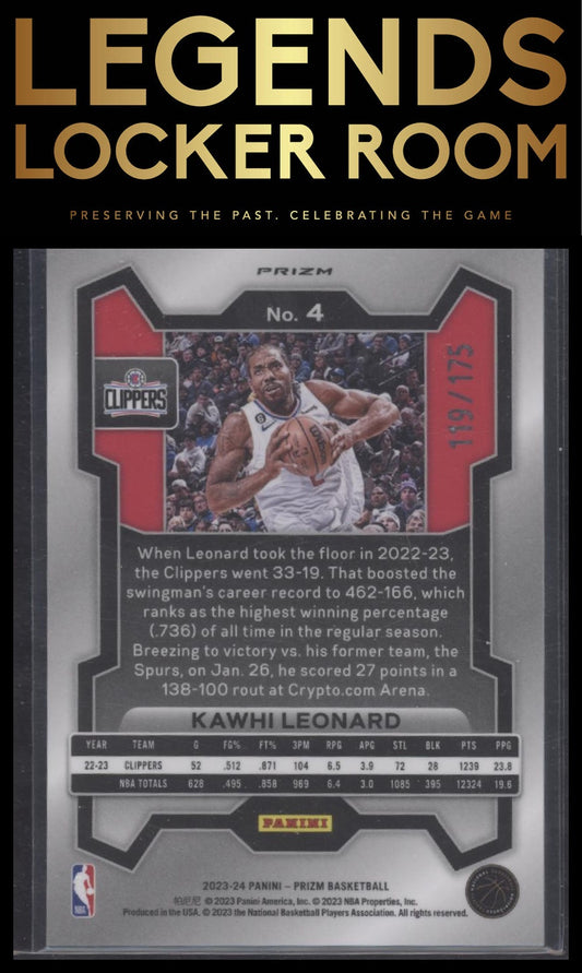 2023-24 Panini Prizm #4 Kawhi Leonard Prizms White #/175