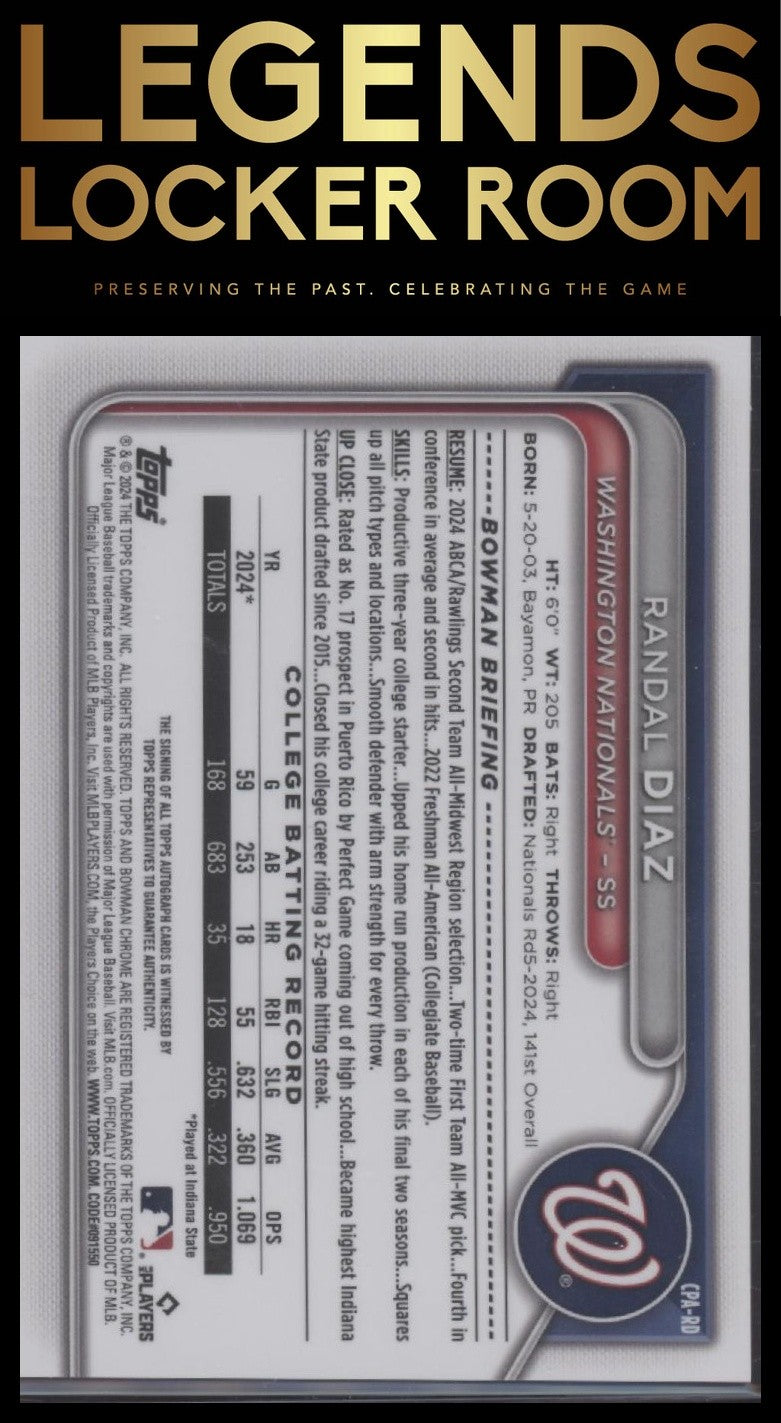 2024 Bowman Draft Randal Diaz Chrome Prospect Auto Purple Refractor #/250