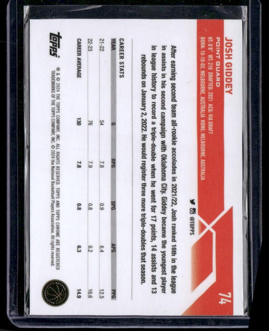 2023-24 Topps Chrome #74 Josh Giddey Magenta Refractors