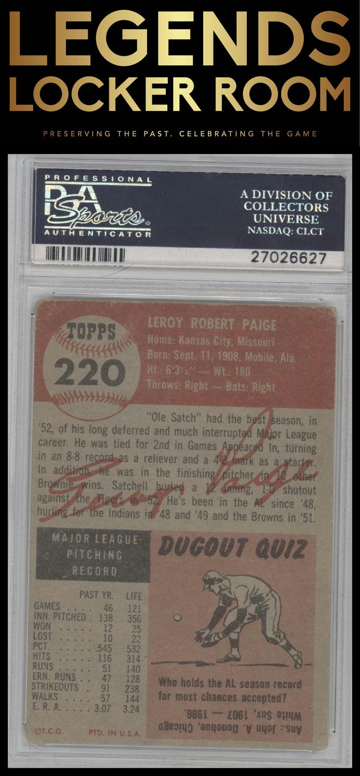 1953 Topps #220 Satchell Paige PSA 2