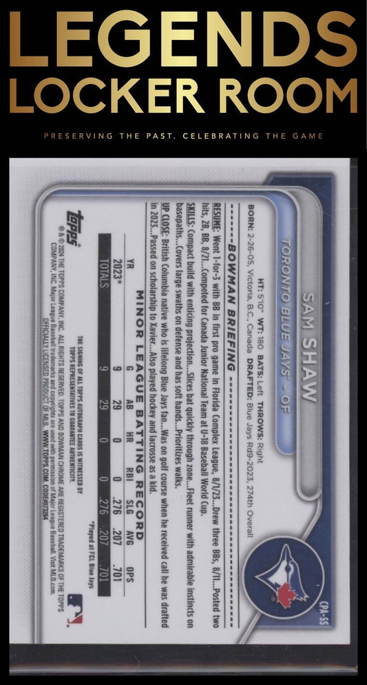 2024 Bowman Sam Shaw Chrome Prospects Auto Green Shimmer Refractors /99