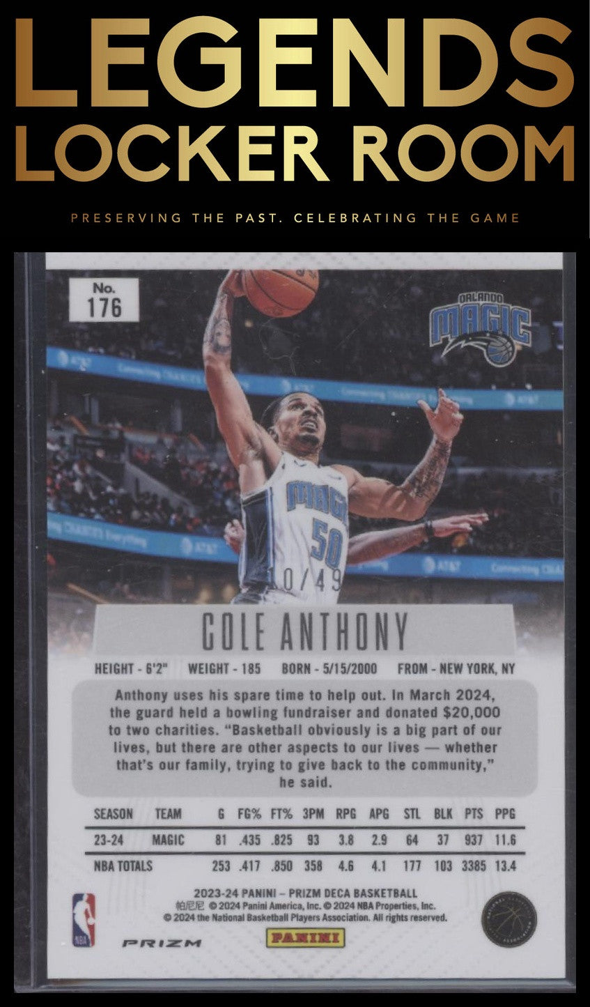 2023-24 Panini Prizm Deca #176 Cole Anthony Prizms Orange #/49
