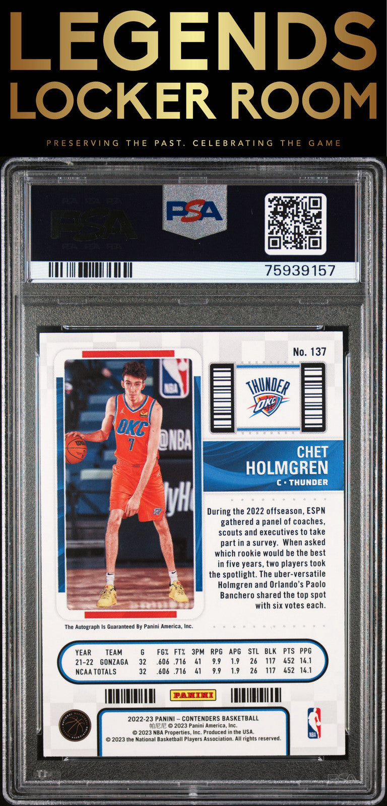 2022 Panini Contenders #137 Chet Holmgren Autograph PSA 10