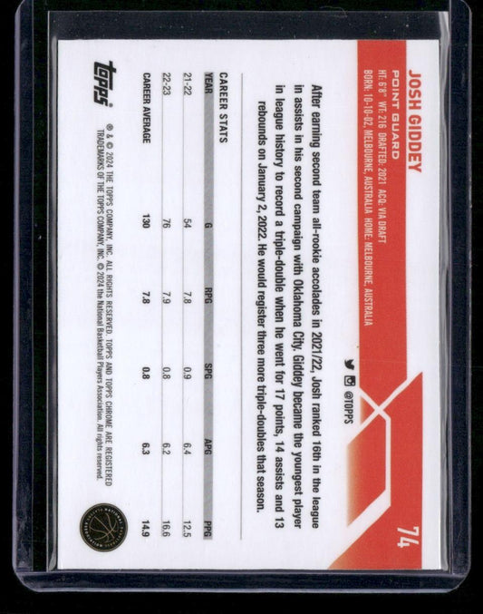 2023-24 Topps Chrome #74 Josh Giddey Magenta Refractors