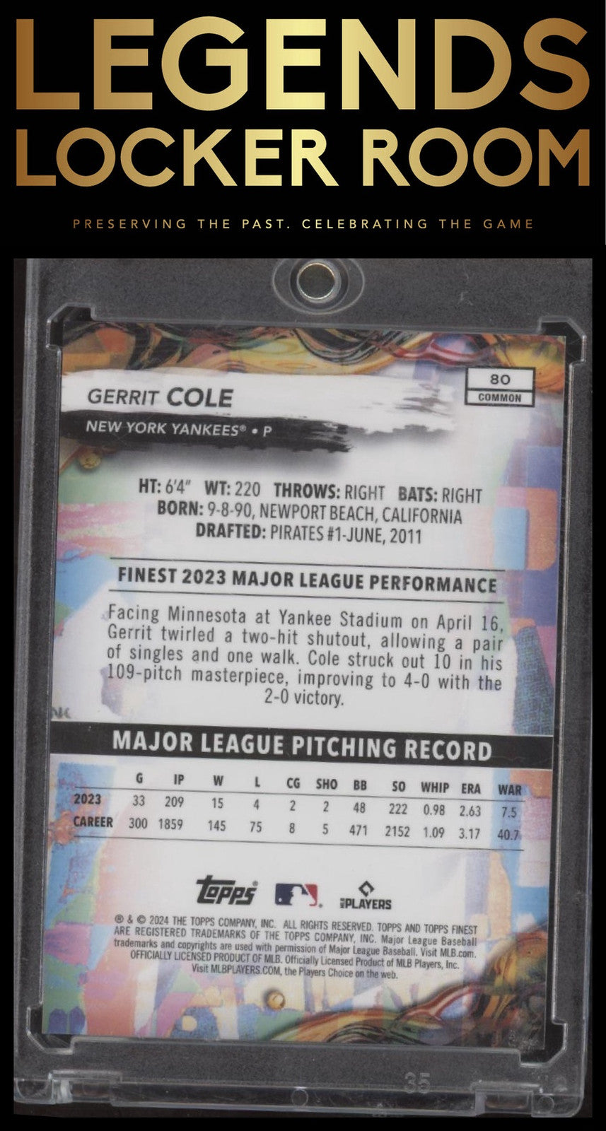 2024 Finest #80 Gerrit Cole Sky Blue Refractors #/325
