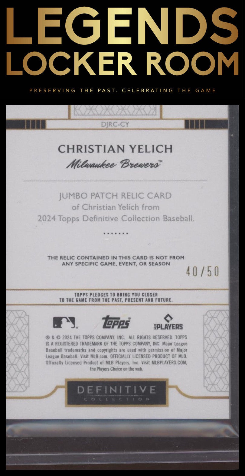 2024 Topps Definitive Collection Christian Yelich Jumbo Relic Collection #/50