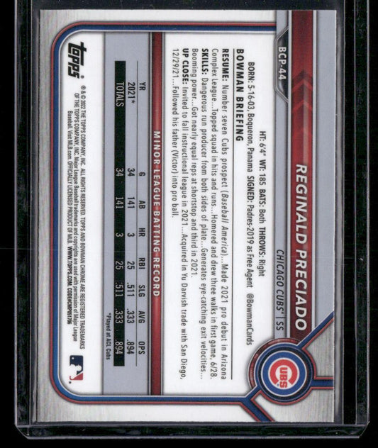 2022 Bowman #BCP-44 Reginald Preciado Chrome Prospects