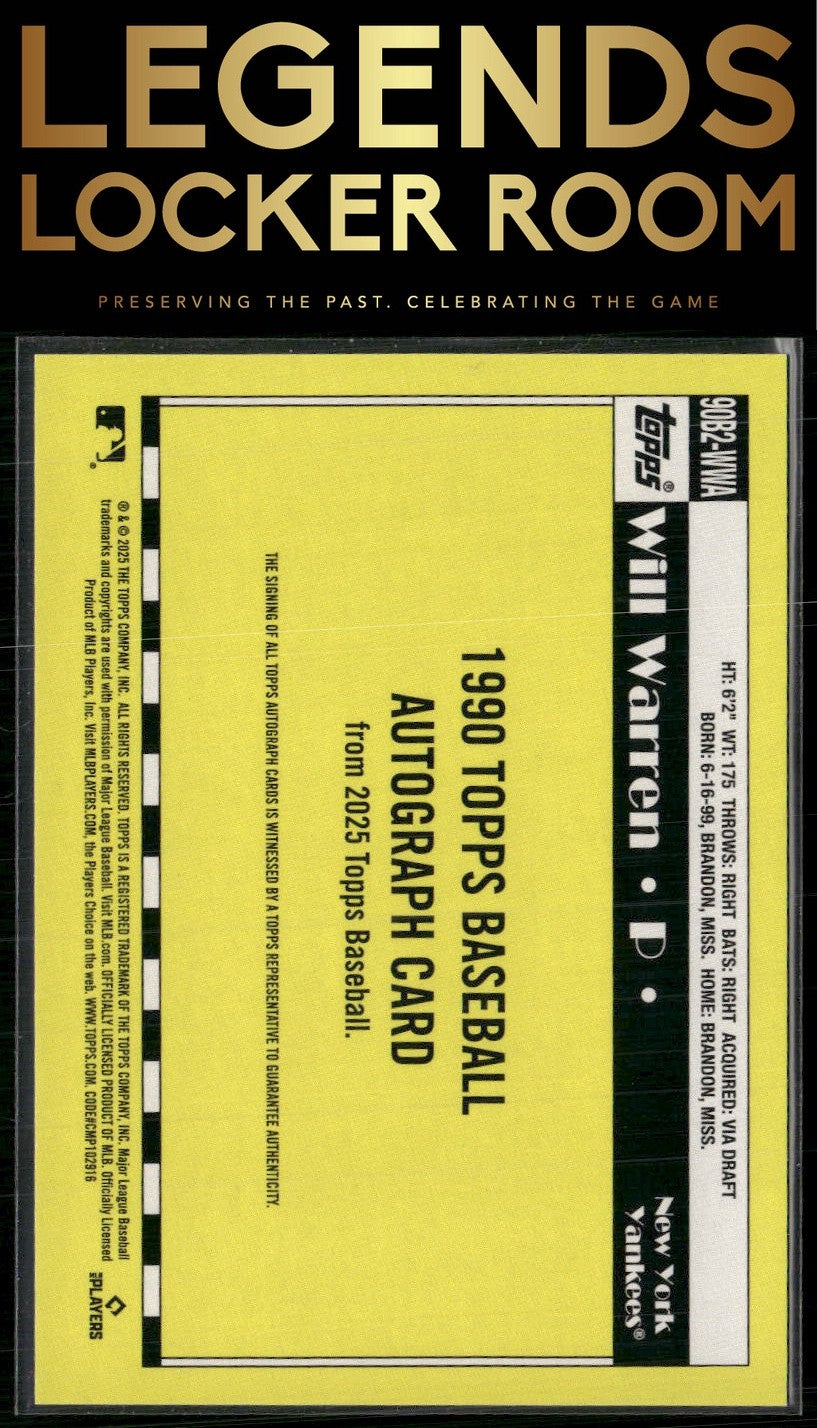 2025 Topps Will Warren 1990 Topps Baseball 35th Anniversary Autographs