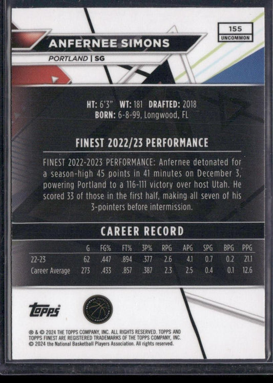 2023-24 Finest #155 Anfernee Simons Purple Checkerboard Refractors #/99