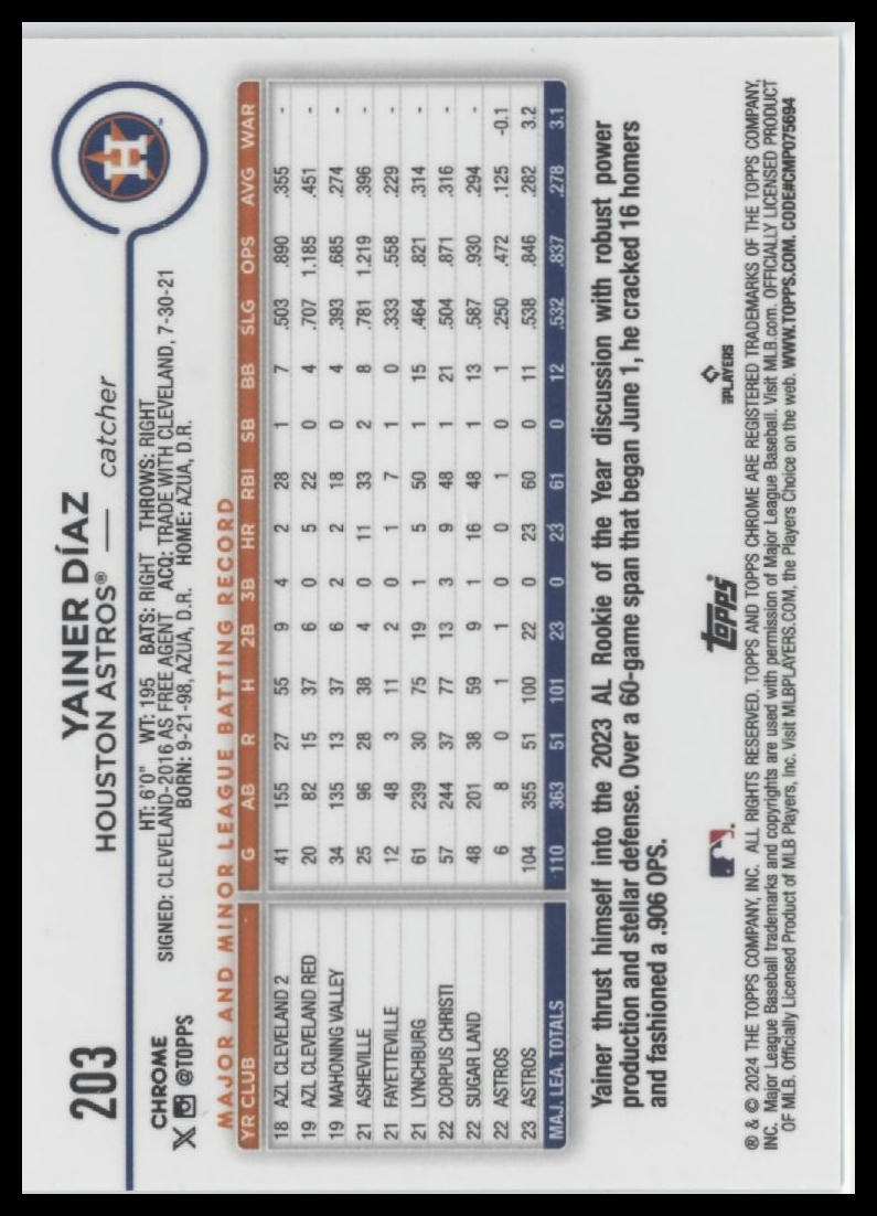 2024 Topps Chrome #203 Yainer Díaz