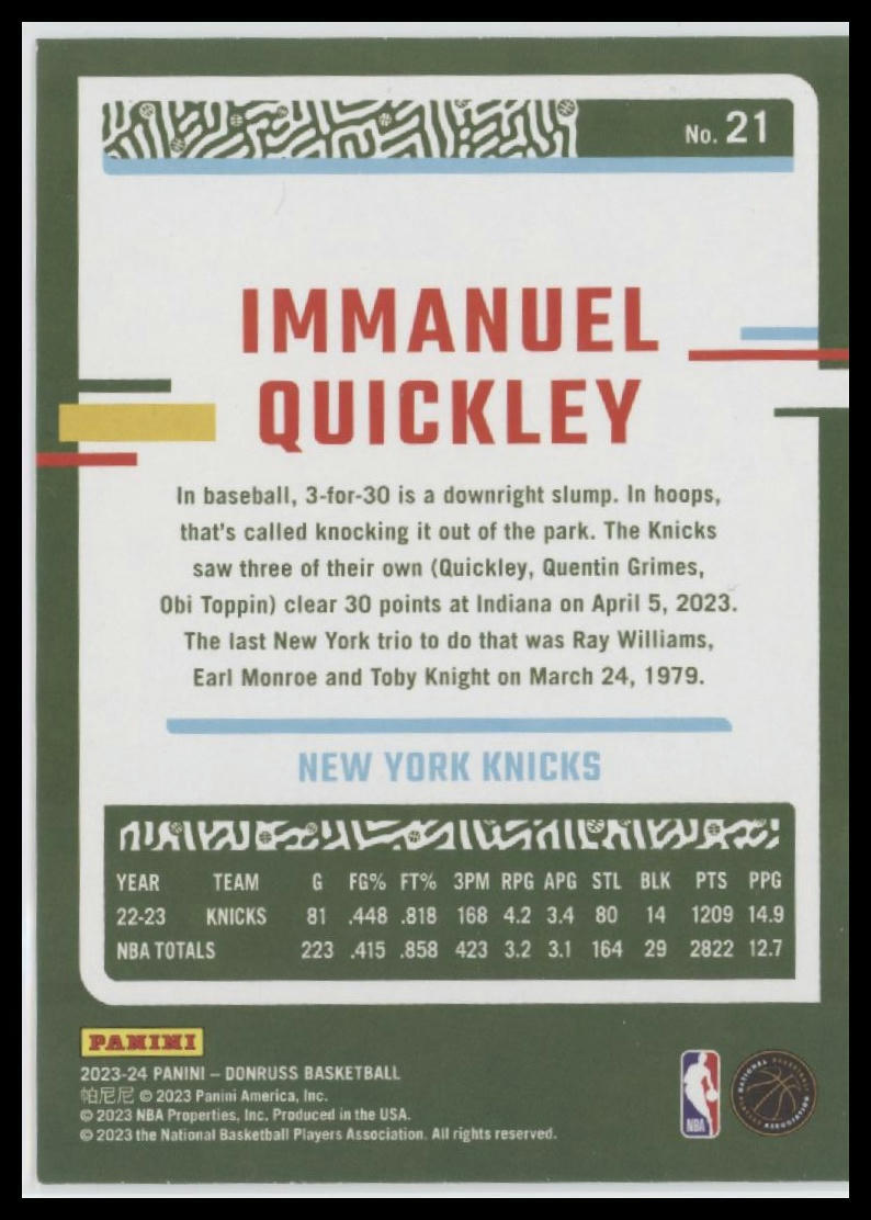 2023-24 Donruss #21 Immanuel Quickley