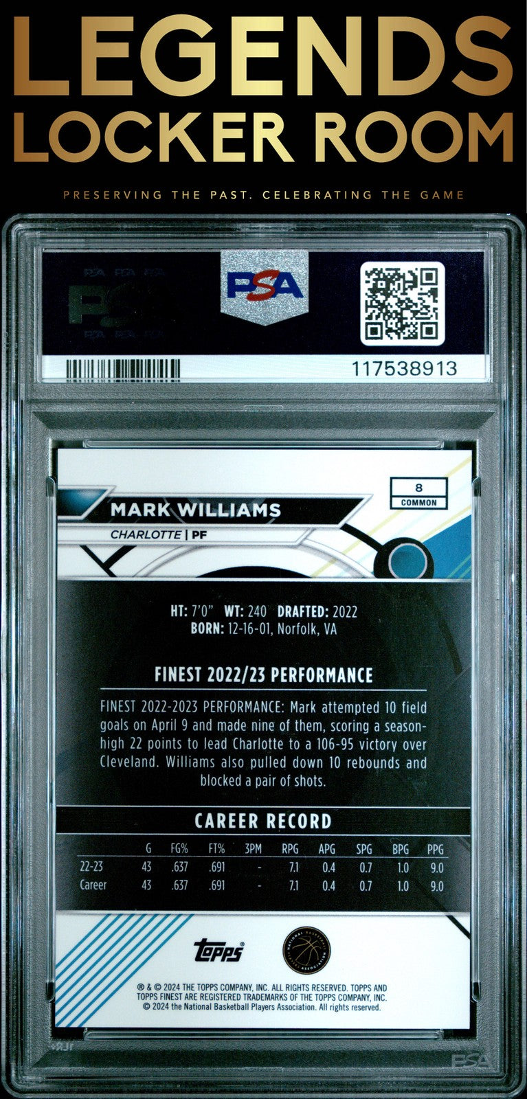 2023 Topps Finest #8 Mark Williams Red/Black Vapor PSA 10