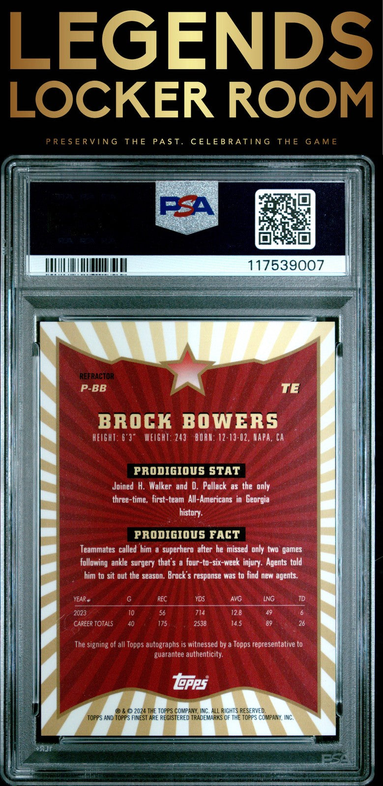 2024 Topps Finest Prodigies Autographs Brock Bowers Refractor PSA 10