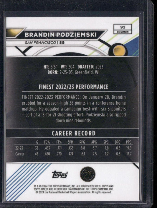 2023-24 Finest #92 Brandin Podziemski Blue Refractors #/150