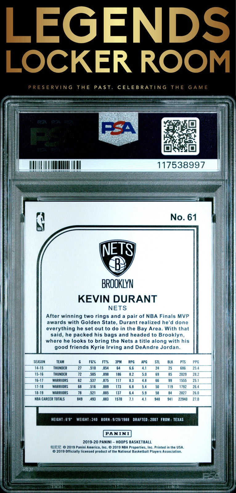 2019 Panini Hoops #61 Kevin Durant Gold Artist Proof 02/10 PSA 10