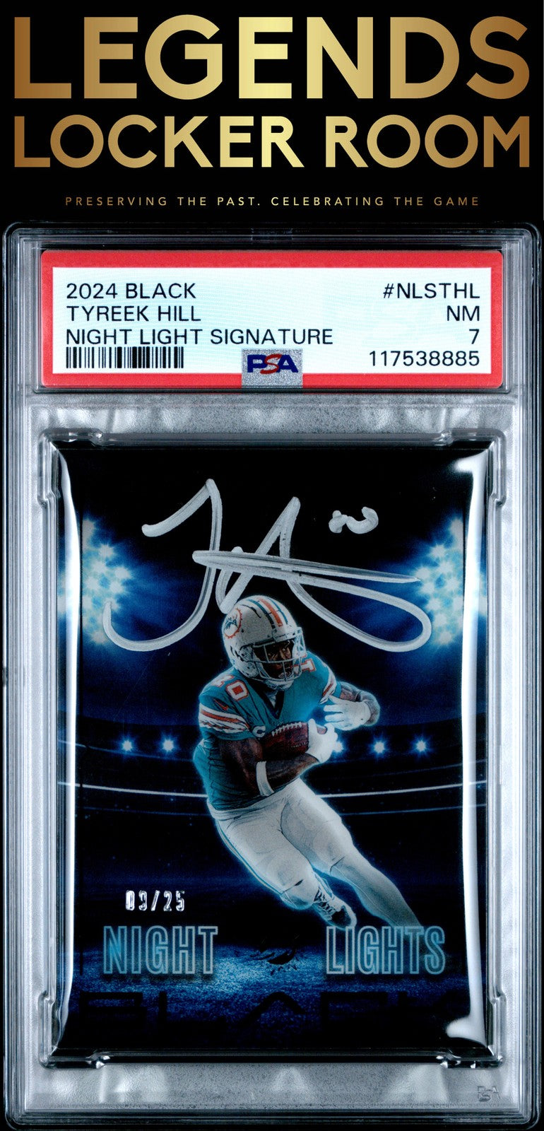 2024 Panini Black Night Light Signatures Tyreek Hill /25 PSA 7
