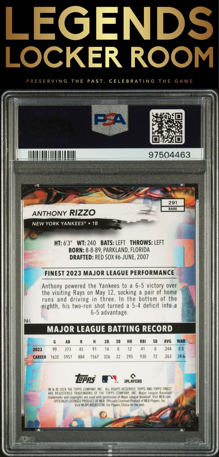 2024 Topps Finest #291 Anthony Rizzo Blue Refractor PSA 9