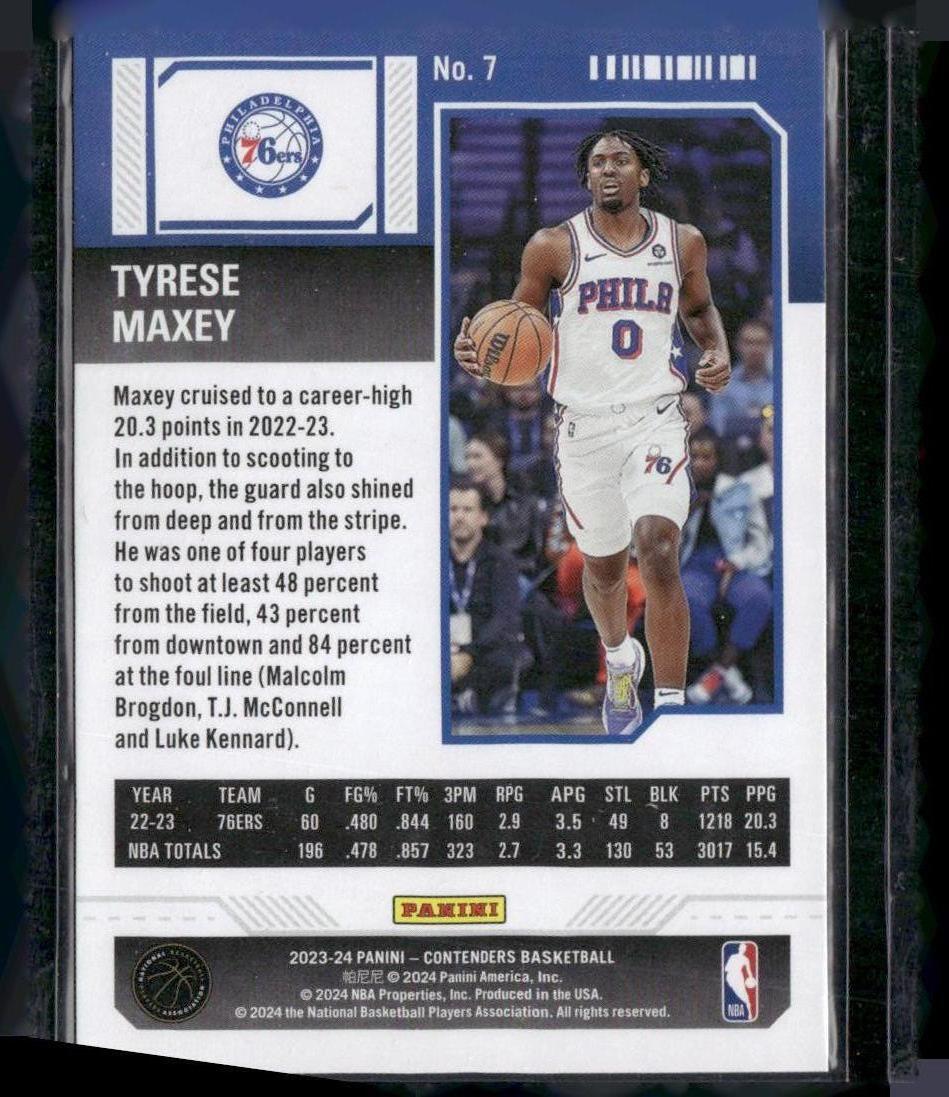 2023-24 Panini Contenders #7 Tyrese Maxey Season Ticket Retail