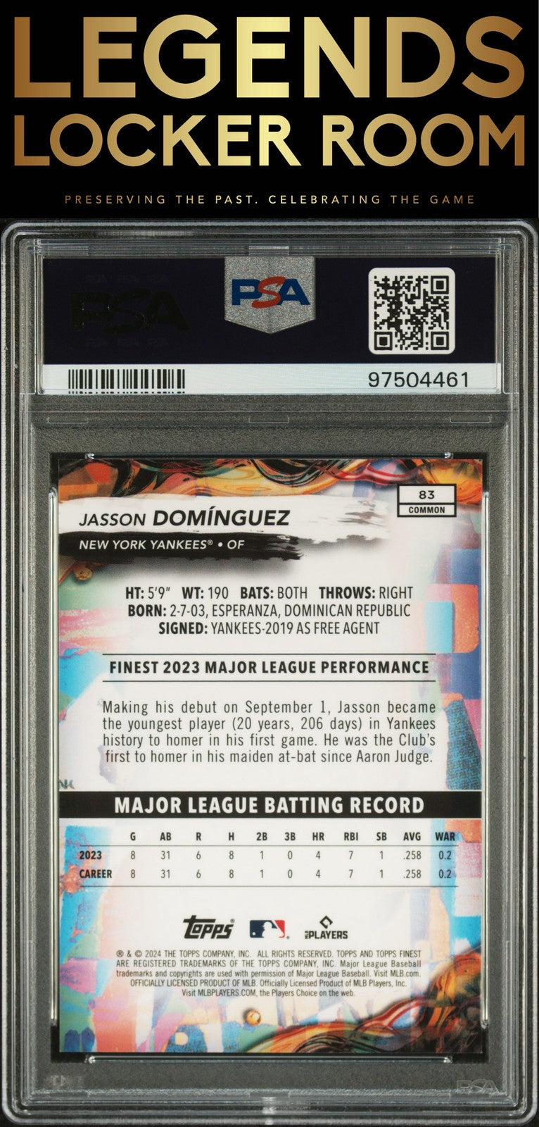 2024 Topps Finest #83 Jasson Dominguez Blue Checkerboard Ref PSA 10