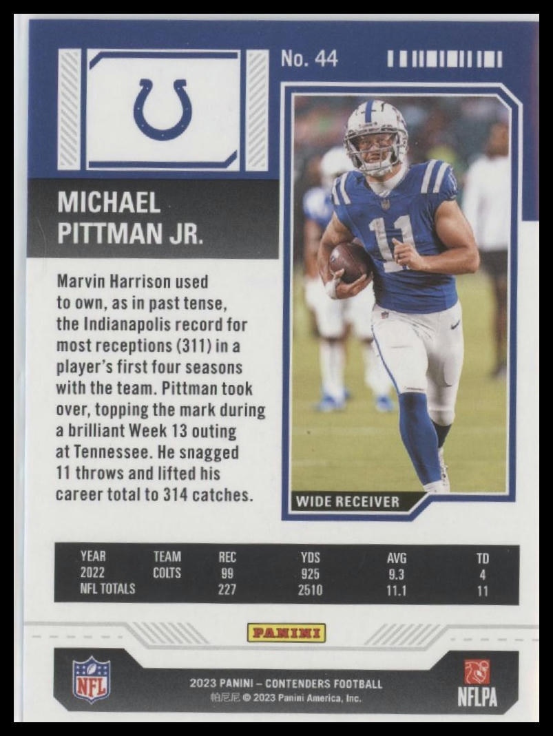 2023 Panini Contenders #44 Michael Pittman Jr. Season Ticket Retail