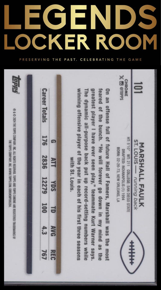 2024 Topps Chrome #101 Marshall Faulk Green Geometric Refractor 01/99