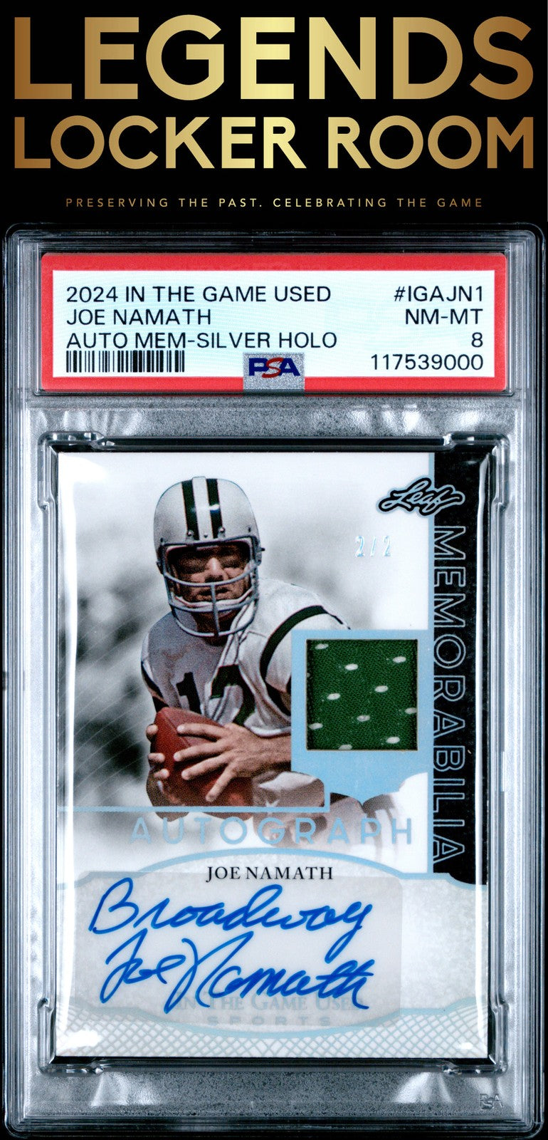 2024 Leaf In The Game Used Autograph Memorabilia Joe Namath 2/2 PSA 8