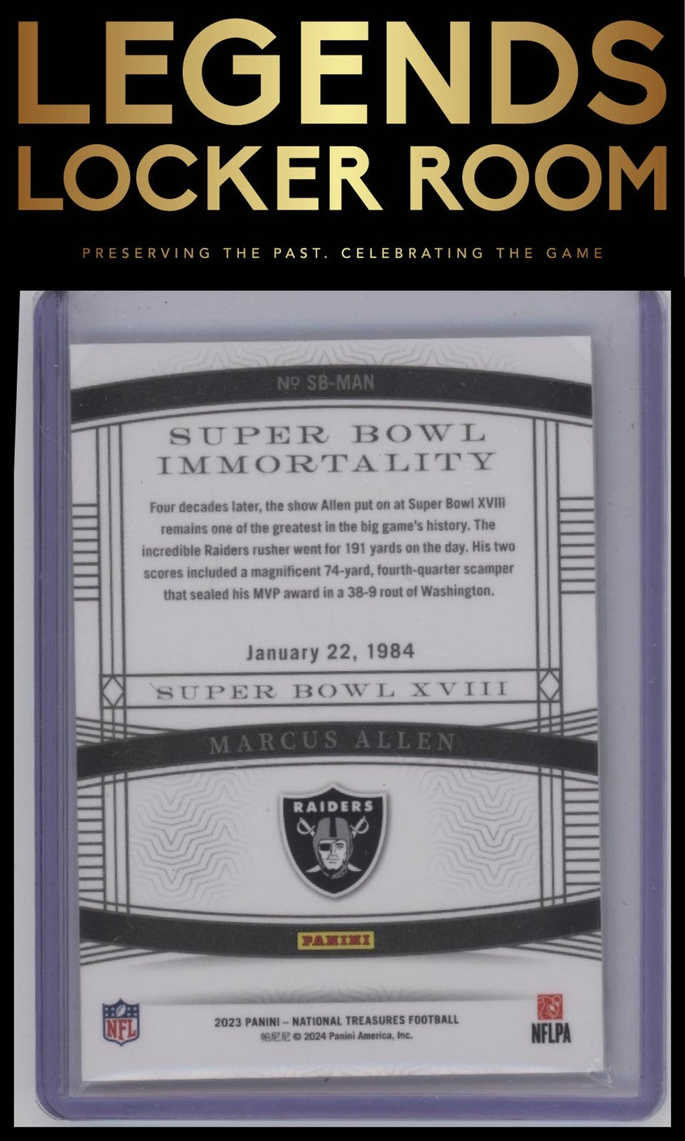 2023 Panini National Treasures #SB-MAN Marcus Allen Super Bowl Immortality #/99