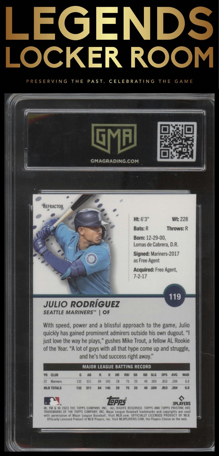 2023 Topps Pristine #119 Refractor Julio Rodriguez GMA Graded 10
