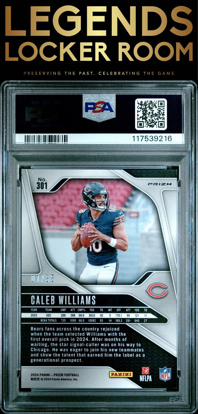2024 Panini Prizm #301 Caleb Williams White Prizm 01/35 PSA 9
